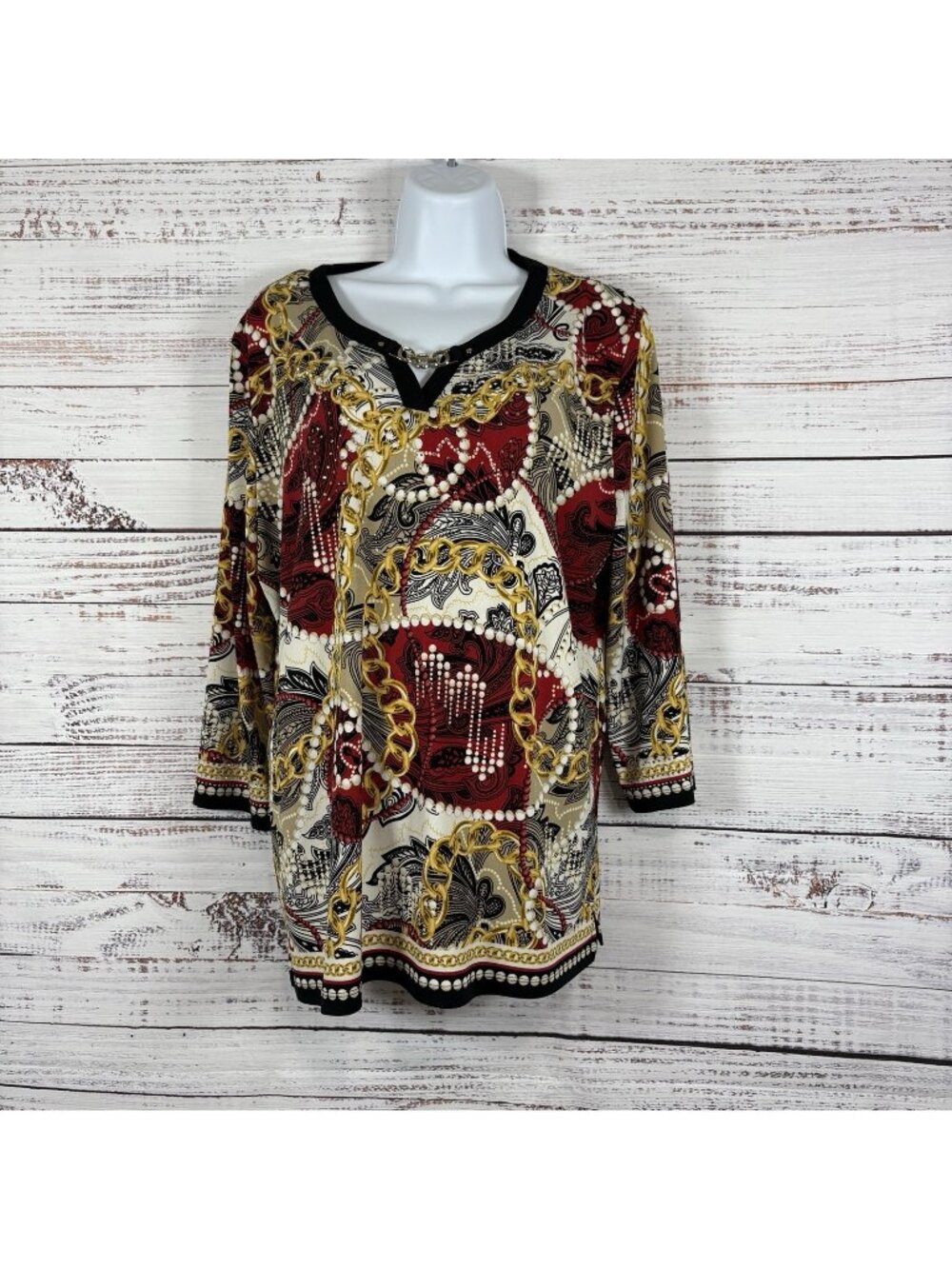 JM Collection Multicolor Embellished Paisley Chain Print 3/4 Sleeve Blouse
